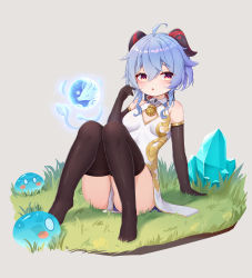 Rule 34 | 1girl, :o, absurdres, aged down, ahoge, alternate costume, arm support, bell, black gloves, black thighhighs, blue hair, blush, china dress, chinese clothes, crystal, dress, elbow gloves, ganyu (genshin impact), genshin impact, gloves, grass, highres, horns, looking at viewer, mengxin huazha, multicolored eyes, neck bell, no shoes, orb, parted lips, qilin (mythology), sidelocks, sitting, slime (genshin impact), solo, thighhighs, thighs
