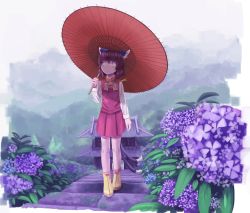 Rule 34 | 1girl, absurdres, bags under eyes, chen, flower, highres, hydrangea, kabu (yuyuibob), multiple tails, no headwear, no headwear, oil-paper umbrella, smile, solo, tail, touhou, two tails, umbrella