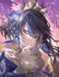 Rule 34 | 1girl, animal ear fluff, animal ears, black hair, blue eyes, blue flower, blue hair, blurry, blurry background, closed mouth, commentary request, depth of field, floral print, flower, hair between eyes, hair flower, hair ornament, highres, japanese clothes, kimono, long sleeves, mouth hold, multicolored hair, original, purple flower, rabbit, samu (a117216), solo, stalk in mouth, streaked hair, upper body, white flower, white kimono, wide sleeves, wisteria