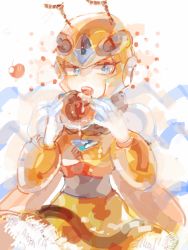 Rule 34 | 1girl, android, antennae, blue eyes, eating, female focus, food, gloves, helmet, holding, holding food, honey woman, insect wings, open mouth, patterned background, mega man (series), mega man (classic), solo, uu, white gloves, wings