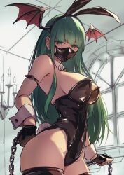 1girl absurdres animal_ears ap_cammy bare_shoulders black_gloves black_leotard black_thighhighs border breasts chain cleavage cowboy_shot darkstalkers fake_animal_ears fake_tail fingerless_gloves gloves green_eyes green_hair highres holding holding_chain indoors large_breasts leotard long_hair mask morrigan_aensland mouth_mask playboy_bunny rabbit_ears rabbit_tail solo strapless strapless_leotard tail thighhighs white_border wrist_cuffs