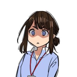 Rule 34 | 1girl, :&lt;, blue eyes, blue shirt, brown hair, collared shirt, commentary request, douki-chan (douki-chan), ganbare douki-chan, highres, lanyard, shaded face, shirt, sidelocks, simple background, sketch, solo, surprised, upper body, white background, yomu (sgt epper)