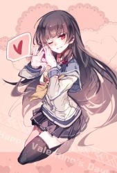 Rule 34 | 10s, 1girl, ascot, bad id, bad twitter id, black hair, cis (carcharias), full body, gloves, grin, happy valentine, heart, heart hands, isokaze (kancolle), kantai collection, lace, long hair, long sleeves, looking at viewer, miniskirt, one eye closed, open mouth, pleated skirt, red eyes, school uniform, serafuku, skirt, smile, solo, spoken heart, thighhighs, twitter username, valentine