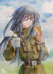 Rule 34 | 1girl, artist name, belt, black hair, brown belt, cloud, commentary, cup, english commentary, food, glasses, gretel jeckeln, highres, holding, holding cup, holding food, military, military uniform, mixed-language commentary, mug, muv-luv, muv-luv alternative, open mouth, painting (medium), philiera, purple eyes, russian commentary, sandwich, schwarzesmarken, sky, solo, steam, traditional media, tree, uniform, watercolor (medium)