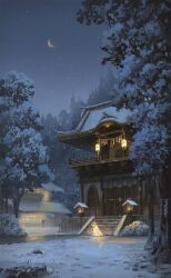 Rule 34 | 1other, architecture, building, commentary, crescent moon, cyclecircle, east asian architecture, english commentary, film grain, forest, highres, lantern, leaf, moon, nature, night, night sky, oil-paper umbrella, original, outdoors, rope, scenery, shide, shimenawa, shrine, sky, snow, snowing, stairs, star (sky), starry sky, tree, umbrella, wolf