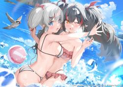 Rule 34 | 2girls, ahoge, alternate costume, azur lane, beach, bikini, black hair, blue eyes, blush, breasts, cleavage, commentary request, hair ornament, highres, kanzarin, large breasts, long hair, multicolored hair, multiple girls, official art, open mouth, pointy ears, short hair, sideboob, silver hair, swimsuit, twintails, two-tone hair, yellow eyes, z24 (azur lane), z28 (azur lane)