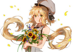 Rule 34 | 1girl, absurdres, ahoge, artoria caster (fate), artoria caster (first ascension) (fate), artoria pendragon (fate), bare arms, blonde hair, blue flower, blurry, bouquet, closed mouth, commentary, depth of field, eyes visible through hair, fate/grand order, fate (series), flower, furirikkuru, green eyes, grey hat, hat, highres, holding, holding bouquet, light smile, long hair, looking at viewer, petals, sleeveless, solo, sunflower, twintails, upper body, white flower, yellow flower