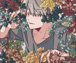 Rule 34 | 1boy, collarbone, commentary request, flower, grey eyes, grey hair, grey shirt, half-closed eyes, hand up, kankara nashi, leaf, looking at viewer, male focus, original, parted lips, plant, red flower, shirt, short hair, sleeves rolled up, solo, twitter username, upper body