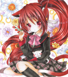 Rule 34 | 1girl, animal ears, black legwear, blush, bow, bowtie, cat, cat ears, cat tail, floral background, flower, kemonomimi mode, little busters!, long hair, long sleeves, looking at viewer, marker (medium), mizame, natsume rin, open mouth, paw pose, petals, pink bow, plaid, plaid skirt, ponytail, purple flower, red eyes, red hair, school uniform, skirt, tail, traditional media, very long hair, white flower, yellow flower