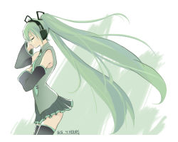 Rule 34 | 1girl, aqua hair, as109, bad id, bad pixiv id, breasts, detached sleeves, closed eyes, hatsune miku, long hair, small breasts, solo, thighhighs, twintails, very long hair, vocaloid