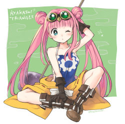 Rule 34 | 1girl, artist name, ayakashi triangle, bare shoulders, blush, boots, brown footwear, commentary request, copyright name, double bun, english text, eyelashes, gears, gloves, goggles, goggles on head, green background, green eyes, hair bun, hammer, kashito05, korogi reo, long hair, looking at viewer, one eye closed, pink hair, sitting, solo, twintails, very long hair