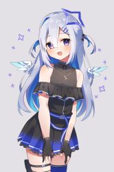 Rule 34 | 1girl, amane kanata, amane kanata (work), angel wings, asymmetrical bangs, asymmetrical hair, bare shoulders, belt, black dress, black gloves, blue belt, blue hair, blue halo, blue thighhighs, blue wings, blush, colored inner hair, commentary, cowboy shot, dress, feathered wings, fragir, gloves, gradient dress, gradient wings, grey background, grey hair, hair ornament, hair over one eye, hairclip, halo, highres, hololive, jewelry, long hair, looking at viewer, mini wings, multicolored hair, multicolored wings, necklace, official alternate costume, official alternate hairstyle, open mouth, partially fingerless gloves, pink hair, pleated dress, pouch, purple eyes, short dress, sidelocks, simple background, single hair intake, single thighhigh, sleeveless, sleeveless dress, smile, solo, standing, star (symbol), star halo, star necklace, streaked hair, thigh pouch, thighhighs, two side up, virtual youtuber, white wings, wings