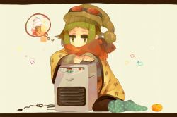 Rule 34 | bad id, bad pixiv id, electric plug, food, fruit, goggles, gumi, haru (oomr005), hat, heater, highres, ice cream, orange (fruit), scarf, solo, thought bubble, vocaloid
