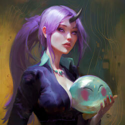 Rule 34 | 1girl, 1other, alternate breast size, black horns, breasts, cleavage, commentary, english commentary, highres, horns, jewelry, long hair, looking at viewer, medium breasts, necklace, oliver wetter, oni, oni horns, parted bangs, photoshop (medium), ponytail, purple eyes, purple hair, purple nails, realistic, rimuru tempest, rimuru tempest (slime), shion (tensei shitara slime datta ken), single horn, slime (creature), tensei shitara slime datta ken, upper body