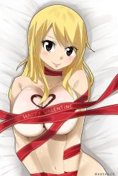 Rule 34 | 1girl, artist name, bed, blonde hair, breasts, brown eyes, candy, chocolate, chocolate heart, cleavage, collarbone, fairy tail, food, gaston18, gift wrapping, heart, highres, large breasts, looking at viewer, lucy heartfilia, lying, navel, on back, solo, stomach, sweat
