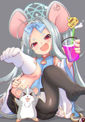 Rule 34 | &gt; &lt;, 1girl, 1other, animal ears, asymmetrical legwear, black shorts, black socks, blue archive, blue dress, china dress, chinese clothes, cup, detached sleeves, dress, drinking glass, drinking straw, eyebrows, feet, forehead, grey background, hand on own thigh, kneehighs, knees to chest, knees up, kt cano, legs, legs up, long hair, mismatched legwear, mouse (animal), mouse ears, nezusuke (blue archive), open mouth, red eyes, saya (blue archive), short shorts, shorts, silver hair, simple background, single kneehigh, single sock, single thighhigh, sitting, sleeveless, sleeveless dress, smile, socks, soles, solo, thighhighs, thighs, toes, very long hair, white sleeves, white socks