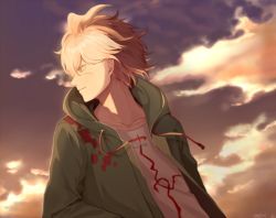 Rule 34 | 1boy, ahoge, bad id, bad twitter id, blonde hair, closed mouth, cloud, collarbone, commentary request, danganronpa (series), danganronpa 2: goodbye despair, green jacket, grey hair, grey shirt, hood, hood down, hooded jacket, hoodie, jacket, komaeda nagito, looking to the side, male focus, meipoi, messy hair, open clothes, open jacket, outdoors, print shirt, profile, shirt, sky, smile, solo, sunset, upper body