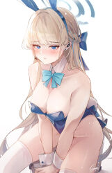 Rule 34 | 1girl, animal ears, aqua bow, aqua bowtie, bare arms, bare shoulders, blonde hair, blue archive, blue eyes, blue hairband, blue leotard, blush, bow, bowtie, braid, breasts, cleavage, closed mouth, detached collar, fake animal ears, fake tail, hair ornament, hairband, halo, highres, large breasts, leotard, playboy bunny, rabbit ears, rabbit tail, sea nami, signature, simple background, sitting, solo, tail, thighhighs, thighs, toki (blue archive), toki (bunny) (blue archive), white background, white thighhighs, wrist cuffs