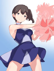 Rule 34 | 1girl, alternate costume, bare shoulders, blue background, breasts, brown hair, cheerleader, gradient background, kaga (kancolle), kantai collection, long hair, medium breasts, pom pom (cheerleading), purple eyes, side ponytail, simple background, solo, standing, yamaioni (sasakama)