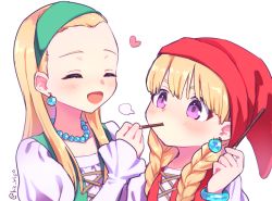 Rule 34 | 2girls, :d, blonde hair, blush, braid, closed eyes, closed mouth, collarbone, dragon quest, dragon quest xi, earrings, food, food in mouth, green hairband, hairband, hand up, hat, heart, holding, holding food, jewelry, juliet sleeves, kz ripo, long hair, long sleeves, low twintails, multiple girls, necklace, open mouth, pearl necklace, pocky, puffy sleeves, purple eyes, red hat, senya (dq11), shirt, simple background, sleeves past wrists, smile, twin braids, twintails, twitter username, veronica (dq11), white background, white shirt
