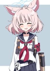 Rule 34 | 1girl, animal ear fluff, animal ears, belt, belt pouch, black sailor collar, black skirt, blue archive, blush, chest harness, closed eyes, commentary, efu (ehutan), facing viewer, fox ears, fox girl, grey background, gun, harness, holding, holding gun, holding weapon, letterboxed, long sleeves, messy hair, midriff peek, neckerchief, niko (blue archive), open mouth, pink hair, pleated skirt, pouch, red neckerchief, sailor collar, shirt, short hair, simple background, skirt, smile, solo, throat microphone, upper body, weapon, white belt, white shirt