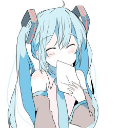 Rule 34 | 1girl, ^ ^, ahoge, blue hair, blue necktie, blush, closed eyes, commentary request, covered mouth, detached sleeves, facing viewer, grey sleeves, hair between eyes, hair ornament, hand up, hatsune miku, holding, holding paper, long hair, long sleeves, necktie, paper, shirt, simple background, solo, twintails, upper body, vocaloid, white background, white shirt, xxxx saki
