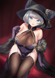 Rule 34 | 1girl, :3, absurdres, animal ears, animal hat, azur lane, bare shoulders, between thighs, black hat, black panties, blue eyes, blue hair, blunt bangs, breasts, brown thighhighs, cat hat, cheshire (azur lane), cheshire (cait sith crooner) (azur lane), china dress, chinese clothes, cleavage, dress, elbow gloves, fang, fur, garter belt, garter straps, gloves, grey hair, halter dress, halterneck, hat, highres, kyuusanshiki, looking at viewer, multicolored hair, official alternate costume, open mouth, panties, pelvic curtain, purple dress, purple gloves, see-through, see-through cleavage, short hair, sitting, skindentation, smile, solo, string panties, thighhighs, thighs, underwear