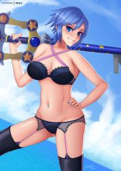 Rule 34 | 1girl, aqua (kingdom hearts), black bra, black panties, blue eyes, blue hair, blue sky, bra, breasts, cloud, cloudy sky, cowboy shot, day, garter straps, grin, groin, highres, holding, holding weapon, keyblade, kingdom hearts, kingdom hearts birth by sleep, looking at viewer, medium breasts, nail polish, navel, ocean, outdoors, over shoulder, panties, short hair, sky, smile, solo, thighhighs, underwear, underwear only, weapon, weapon over shoulder, zelc-face
