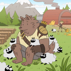 Rule 34 | drawing, dungeons &amp; dragons, elf, fantasy, farm, furry, hat, hay, holding, holding pitchfork, mountain, original, pants, pathfinder, pitchfork, pointy ears, sheep, sitting, strap, torn clothes, torn pants, werewolf, zetrystan