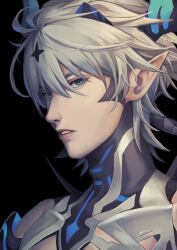 Rule 34 | 1boy, absurdres, black background, blue eyes, commentary, diabolic kevin (honkai impact), eyebrows hidden by hair, grey hair, hair between eyes, highres, honkai (series), honkai impact 3rd, kevin kaslana, kokotuo, looking at viewer, male focus, parted lips, pointy ears, portrait, signature, simple background, solo, thick eyebrows, twitter username