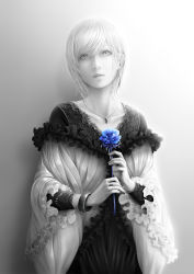 Rule 34 | 1girl, absurdres, blue flower, blue rose, bouno satoshi, collarbone, earrings, flower, hair between eyes, head tilt, highres, holding, holding flower, jewelry, looking up, monochrome, necklace, original, parted lips, realistic, ring, rose, short hair, single earring, solo, spot color, swept bangs
