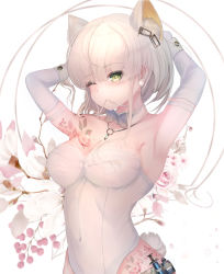 Rule 34 | 1girl, absurdres, animal ear fluff, animal ears, arknights, breasts, chinese commentary, covered navel, ear piercing, elbow gloves, extra ears, floral background, flower, gloves, green eyes, green hair, highres, hu lan, kal&#039;tsit (arknights), leotard, material growth, medium breasts, one eye closed, oripathy lesion (arknights), piercing, short hair, solo, syringe, tail, tattoo, upper body, white gloves, white leotard