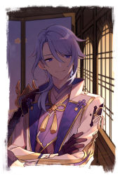 Rule 34 | 1boy, architecture, black gloves, blue eyes, blue hair, border, commentary request, crossed arms, east asian architecture, eterno, folding screen, genshin impact, gloves, gold trim, hallway, highres, indoors, jacket, japanese clothes, kamisato ayato, kimono, light blue hair, looking at viewer, male focus, mole, mole under mouth, ponytail, purple kimono, shaded face, short hair, short ponytail, sidelocks, smile, solo, upper body, white jacket, window