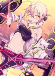 Rule 34 | 1girl, absurdres, ahoge, artoria pendragon (fate), bare shoulders, beach, black shirt, blonde hair, blush, braid, breasts, daisi gi, electric guitar, fate/grand order, fate (series), food, french braid, glasses, gradient sky, guitar, hair between eyes, hair bun, highres, instrument, jacket, long hair, long sleeves, looking at viewer, mouth hold, mysterious idol x alter (fate), navel, off shoulder, orange sky, plectrum, shirt, sidelocks, single hair bun, sky, small breasts, solo, speaker, sunset, thighs, twilight, white jacket, yellow eyes