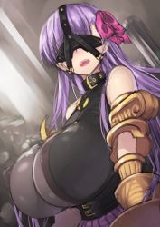 Rule 34 | 10s, 1girl, bare shoulders, blindfold, blush, breasts, claws, dutch angle, fate/extra, fate/extra ccc, fate (series), hair ribbon, huge breasts, long hair, nagase haruhito, o-ring, o-ring top, open mouth, passionlip (fate), pink ribbon, purple hair, ribbon, solo, upper body, very long hair