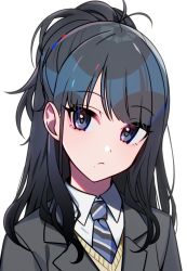 Rule 34 | 82yura, black eyes, black hair, blue necktie, commentary request, expressionless, eyelashes, grey jacket, hair ornament, highres, idolmaster, idolmaster shiny colors, jacket, kazano hiori, long hair, looking at viewer, mole, mole under mouth, necktie, ponytail, portrait, shirt, simple background, solo, striped necktie, upper body, vest, wavy hair, white background, white shirt, wing collar, yellow vest, yuura