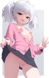 Rule 34 | 1girl, 318-chan, :d, ahoge, black eyes, black skirt, breasts, cardigan, censored, clothes lift, commentary request, floral print, from below, gluteal fold, grey background, highres, hudeako, lifted by self, looking at viewer, middle w, mosaic censoring, nipples, no bra, no panties, open cardigan, open clothes, open mouth, original, pink cardigan, pleated skirt, pointy breasts, pussy, simple background, skirt, skirt lift, small breasts, smile, thighs, twintails, two-tone background, w, white background, white hair