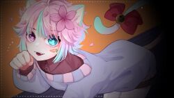 Rule 34 | 1boy, animal ears, bell, bent over, bow, cat boy, cat ears, cat tail, facial tattoo, flower, gradient hair, hair flower, hair ornament, heterochromia, male focus, multicolored hair, open mouth, paw pose, pink hair, shirybun (vtuber), shorts, smile, solo, sweater, symbol-shaped pupils, tail, tail bell, tail bow, tail ornament, tail raised, tattoo, teeth, trap, upper teeth only, virtual youtuber