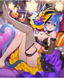 Rule 34 | 1girl, animal ear fluff, animal ears, asymmetrical legwear, bare shoulders, bat lingerie, bat wings, bell, black choker, black hat, black panties, black sleeves, black tank top, blue eyes, blue fur, blue hair, blue tail, blush, bow, breasts, candle, cat ears, cat girl, cat tail, chest bow, choker, city lights, cleavage, colored inner hair, commentary, couch, detached sleeves, dressing, embarrassed, evertale, fire, fishnet thighhighs, fishnets, frilled wrist cuffs, frills, gem, hair between eyes, halloween, halloween costume, hat, hat bow, hat ribbon, idol, jack-o&#039;-lantern, jewelry, jingle bell, lace, lace trim, large breasts, light fixture, lingerie, looking at viewer, mirai (evertale), multicolored hair, multiple hat bows, neck bell, necklace, official alternate costume, official art, on couch, open mouth, orange wrist cuffs, panties, pantyshot, pearl (gemstone), pearl necklace, pillow, pink pupils, polka dot pillow, pumpkin, pumpkin hat ornament, purple bow, purple ribbon, ribbon, shiny skin, short hair, single bare leg, single thighhigh, solo, sparkle, string of flags, string of light bulbs, striped bow, tail, tank top, teffish, thigh strap, thighhighs, thighs, two-tone hair, underwear, uneven legwear, vertical-striped pillow, window, wings, witch hat, wrist cuffs, yellow bow