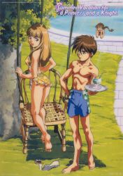 Rule 34 | 1990s (style), 1girl, 2boys, :d, ^ ^, absurdres, barefoot, bikini, blue male swimwear, blue swim trunks, braid, breasts, chair, clog sandals, closed eyes, couple, drink, duo maxwell, english text, full body, grass, gundam, gundam wing, hand on own hip, heero yuy, highres, hip focus, kneeling, light rays, looking back, male swimwear, multiple boys, nature, open mouth, outdoors, plant, pool, poolside, relena peacecraft, retro artstyle, saitou koutoku, sarong, scan, single braid, smile, soles, sunbeam, sunlight, swim trunks, swimsuit, swing, toned, tray