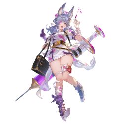 Rule 34 | 1girl, alpha transparency, animal ears, bandage over one eye, blue hair, breasts, detached sleeves, dress, erune, full body, gloves, granblue fantasy, h, hair ornament, hairclip, halloween, halloween costume, hat, holding, holding syringe, large syringe, long hair, looking at viewer, medium breasts, minaba hideo, nurse, nurse cap, official alternate costume, open mouth, oversized object, purple eyes, purple socks, short dress, short sleeves, socks, syringe, thighs, tikoh, tikoh (halloween), white footwear, white gloves