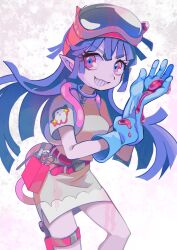 Rule 34 | 1girl, ayasaka saaya, belt, blood, blue gloves, dress, eyelashes, glove pull, gloves, goggles, goggles on head, grin, highres, holster, long hair, looking at viewer, multicolored eyes, original, pink belt, pointy ears, purple hair, rubber gloves, short sleeves, smile, solo, teeth, thigh holster, white dress