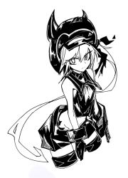 Rule 34 | 10s, 1girl, abyssal ship, amputee, arm cannon, beret, breasts, choker, deel (rkeg), destroyer princess, frown, gloves, greyscale, groin, hat, hip focus, horns, kantai collection, long hair, looking at viewer, monochrome, school uniform, side ponytail, small breasts, solo, weapon