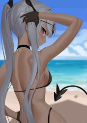 Rule 34 | 1girl, absurdres, arm up, back, bare shoulders, beach, bikini, black bikini, black gloves, black ribbon, blue archive, blue sky, blurry, blurry background, blush, breasts, closed mouth, dark-skinned female, dark skin, day, depth of field, eyewear on head, from behind, gloves, grey hair, hair ribbon, hand on own hip, highres, iori (blue archive), iori (swimsuit) (blue archive), leavv, long hair, looking at viewer, looking back, medium breasts, ocean, outdoors, pointy ears, red eyes, ribbon, sideboob, sky, smile, solo, sunglasses, swimsuit, tail, twintails, upper body, very long hair, water