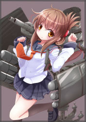 Rule 34 | 10s, 1girl, anchor, anchor symbol, blue skirt, blush, brown eyes, brown hair, clenched hands, folded ponytail, hair ornament, hairclip, haru ion, highres, inazuma (kancolle), kantai collection, kneehighs, leg up, long sleeves, looking at viewer, machinery, neckerchief, pleated skirt, sailor collar, school uniform, serafuku, skirt, sleeves past wrists, socks, solo
