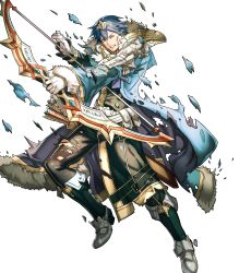 Rule 34 | 1boy, arrow (projectile), belt, blue eyes, blue hair, boots, bow (weapon), chrom (fire emblem), fire emblem, fire emblem awakening, fire emblem heroes, full body, fur trim, gloves, highres, hino shinnosuke, male focus, nintendo, official alternate costume, official art, one eye closed, quiver, solo, teeth, tiara, torn clothes, transparent background, weapon