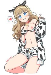 Rule 34 | 1girl, 2021, animal ears, animal print, bare legs, bare shoulders, bell, bikini, bikini pull, bikini top only, black hairband, blue eyes, blunt bangs, blush, breasts, cardigan, chinese zodiac, clothes pull, collar, cow ears, cow girl, cow horns, cow print, cowbell, cowboy shot, cropped legs, dated, earrings, fake animal ears, fake horns, grin, hairband, head tilt, heart, highres, horns, jewelry, light brown hair, long hair, looking at viewer, medium breasts, mewkledreamy, midriff, navel, neck bell, nipples, off-shoulder sweater, off shoulder, one breast out, open cardigan, open clothes, pulling own clothes, red collar, short shorts, shorts, simple background, smile, solo, speech bubble, spoken heart, stomach, stud earrings, sweater, swimsuit, tsukishima maira, white background, year of the ox, yoban