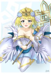 Rule 34 | artist name, bare shoulders, blonde hair, blue eyes, blush, breasts, bridal veil, bride, cleavage, collarbone, commentary request, deekei, dress, earrings, feather trim, fire emblem, fire emblem heroes, fjorm (fire emblem), gradient background, highres, holding, jewelry, medium breasts, nintendo, open mouth, short hair, signature, simple background, smile, solo, staff, strapless, strapless dress, tiara, veil, wedding dress, white dress