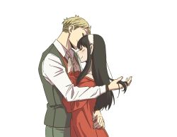 Rule 34 | 1boy, 1girl, ayamame, bare shoulders, black hair, blonde hair, blush, closed eyes, couple, earrings, green pants, hairband, hand in another&#039;s hair, hand on another&#039;s chest, highres, hug, husband and wife, jewelry, long hair, long sleeves, pants, red sweater, shirt, sidelocks, smile, spy x family, sweater, twilight (spy x family), white background, white hairband, yor briar