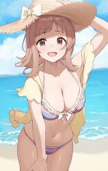 Rule 34 | 1girl, absurdres, arms up, beach, bikini, blue bikini, blue sky, bow, breasts, brown eyes, brown hair, cleavage, cloud, cloudy sky, commentary request, hat, hat bow, highres, horizon, idolmaster, idolmaster shiny colors, jacket, large breasts, leaning forward, looking back, multicolored bikini, multicolored clothes, navel, ocean, open clothes, open jacket, open mouth, outdoors, sakuragi mano, short hair, short sleeves, skindentation, sky, smile, solo, stomach, straw hat, sun hat, swimsuit, wanimaru, yellow bow, yellow jacket
